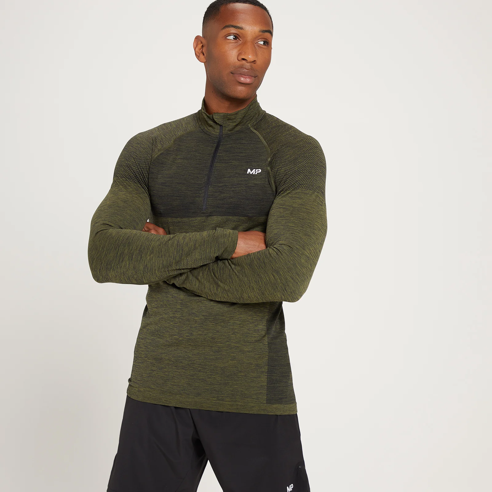 MP Men's Essential Seamless 1/4 Zip Top - Dark Olive Marl - XS Image 1