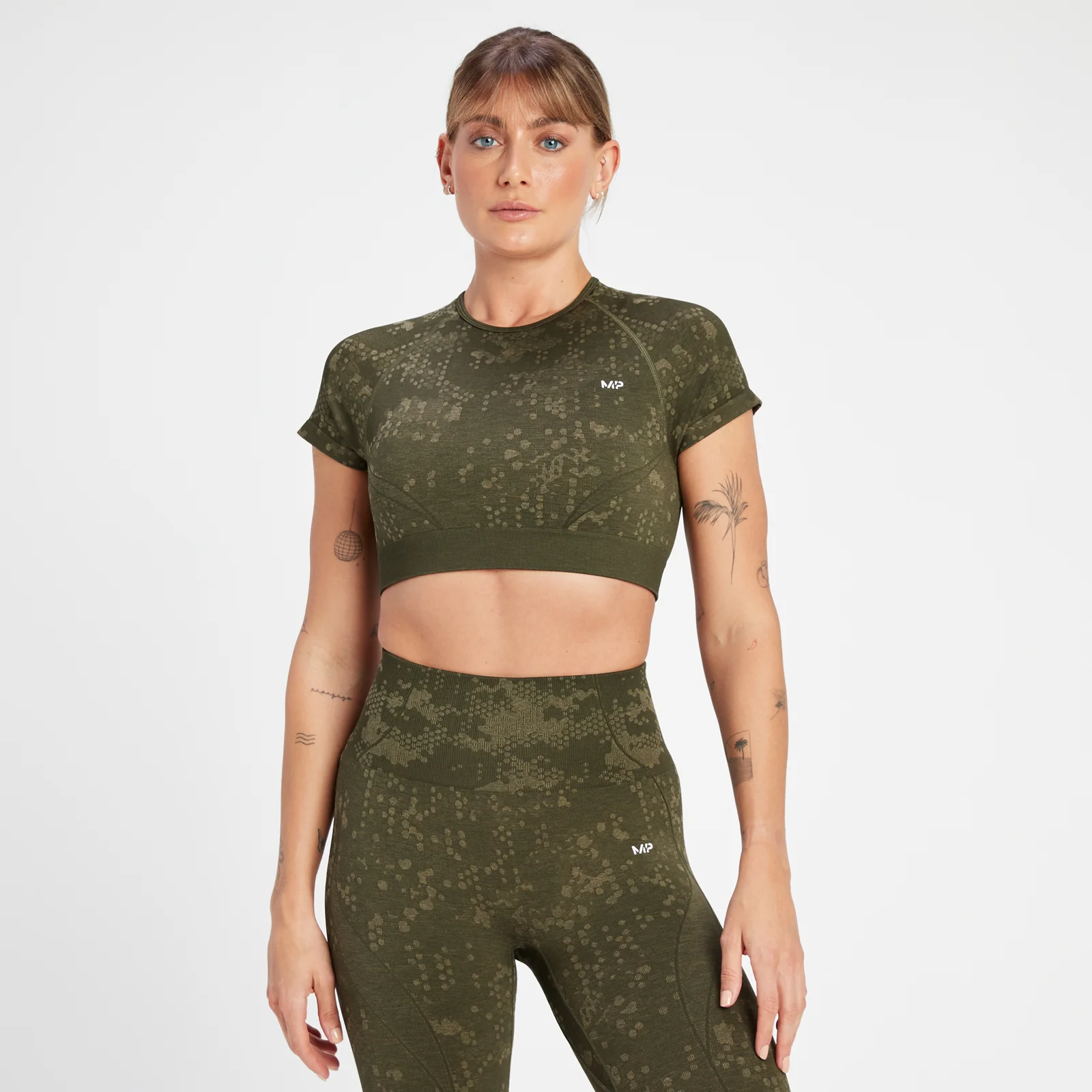 MP Women's Adapt Seamless Printed Crop Top - Olive Green - M Image 1